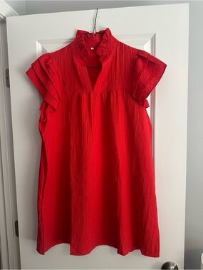 Womens Red Ruffle Sleeve V-Neck Dress